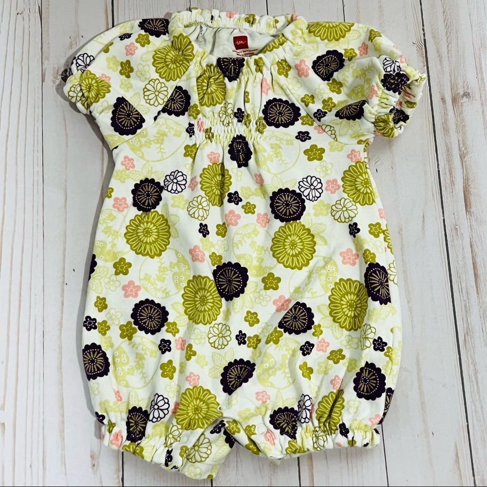 Tea Collection green purple pink cream floral shorts onesie
